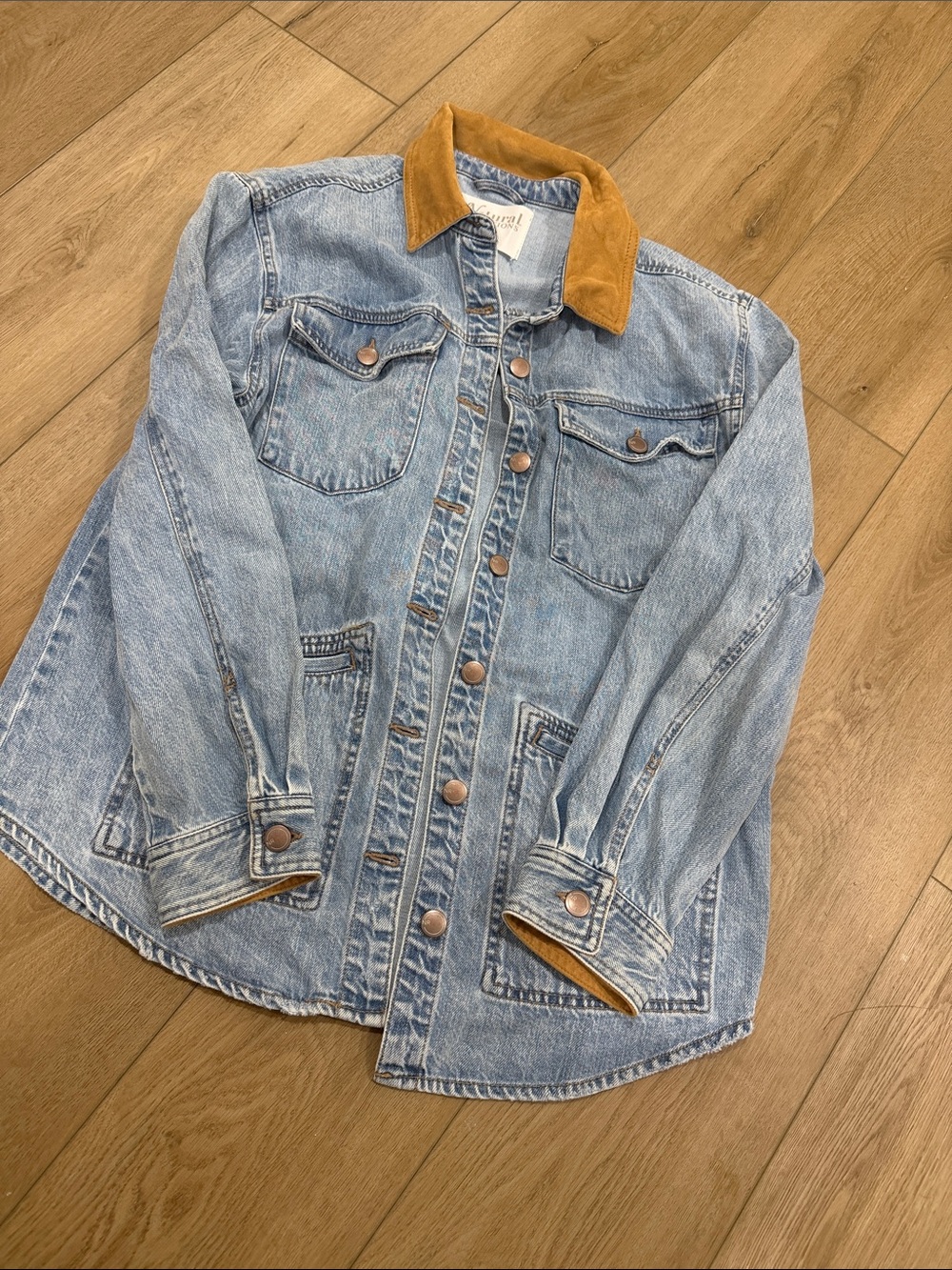 Natural Reflections Light Blue Denim Button-Down Shirt with Tan Corduroy Collar